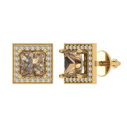 2.24 ctw Champagne Studs Earrings | 5.5mm Princess Cut White Gold Screw back | April Birthstone