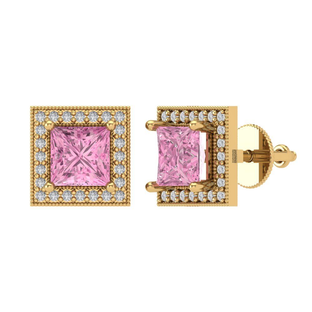 2.24 ctw Pink Zirconia Studs Earrings | 5.5mm Princess Cut White Gold Screw back | April Birthstone