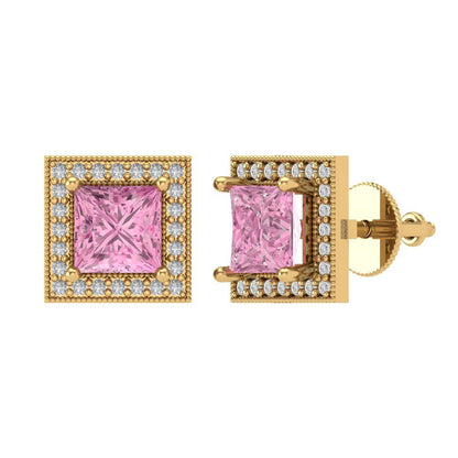 2.24 ctw Pink Zirconia Studs Earrings | 5.5mm Princess Cut White Gold Screw back | April Birthstone