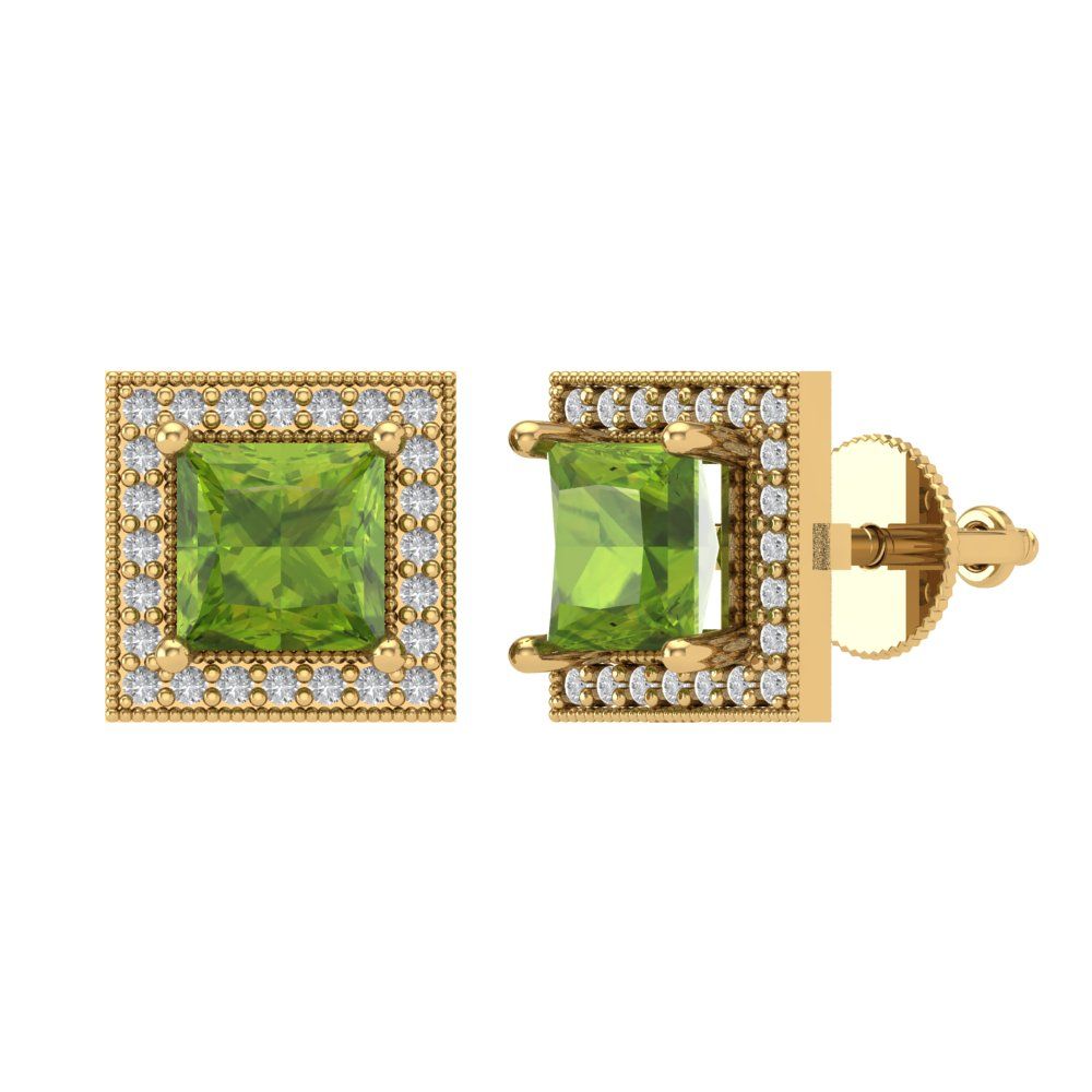 2.24 ctw Peridot Studs Earrings | 5.5mm Princess Cut White Gold Screw back | August Birthstone