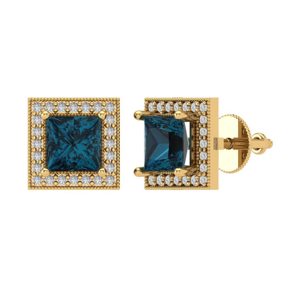 2.24 ctw London Blue Topaz Studs Earrings | 5.5mm Princess Cut White Gold Screw back | December Birthstone