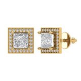 2.24 ct Brilliant Princess Cut Halo Studs Natural Diamond Stone Clarity SI1-2 Color G-H Yellow Gold Earrings Screw back