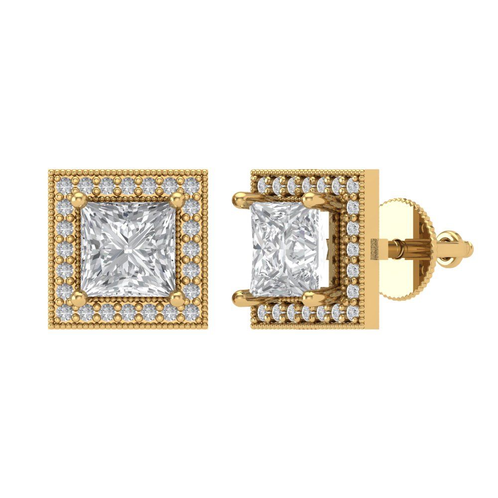 2.24 ctw Moissanite Studs Earrings | 5.5mm Princess Cut White Gold Screw back | April Birthstone