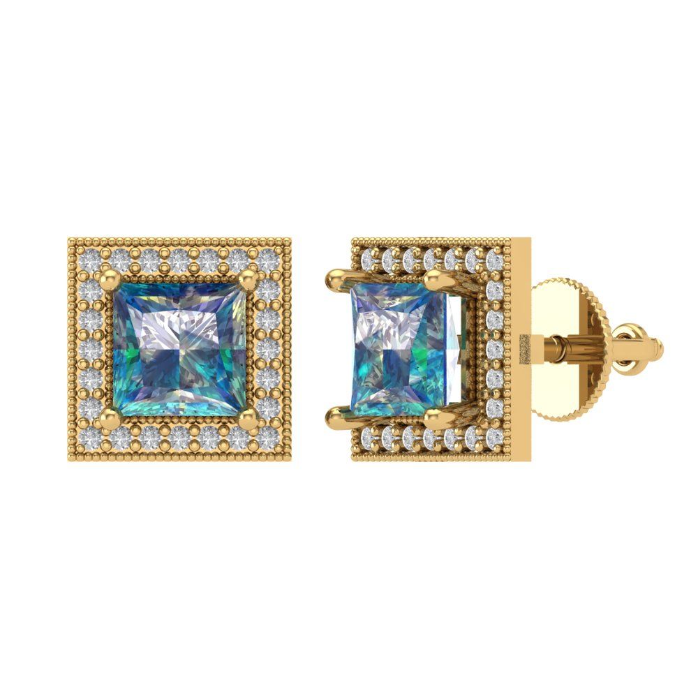 2.24 ctw Blue Moissanite Studs Earrings | 5.5mm Princess Cut White Gold Screw back | April Birthstone