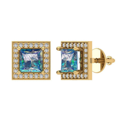 2.24 ctw Blue Moissanite Studs Earrings | 5.5mm Princess Cut White Gold Screw back | April Birthstone