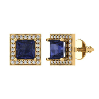 2.24 ctw Blue Sapphire Studs Earrings | 5.5mm Princess Cut White Gold Screw back | September Birthstone