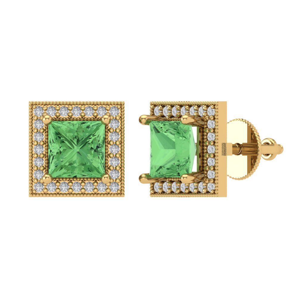 2.24 ctw Green Zirconia Studs Earrings | 5.5mm Princess Cut White Gold Screw back | April Birthstone