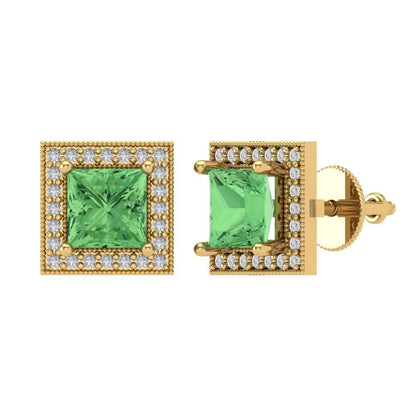 2.24 ctw Green Zirconia Studs Earrings | 5.5mm Princess Cut White Gold Screw back | April Birthstone