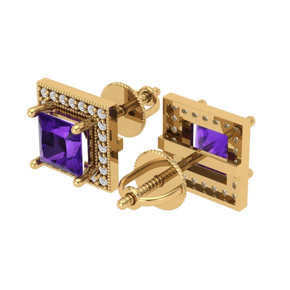 2.24 ctw Amethyst Studs Earrings | 5.5mm Princess Cut White Gold Screw back | February Birthstone