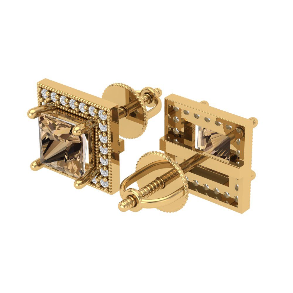 2.24 ctw Champagne Studs Earrings | 5.5mm Princess Cut White Gold Screw back | April Birthstone