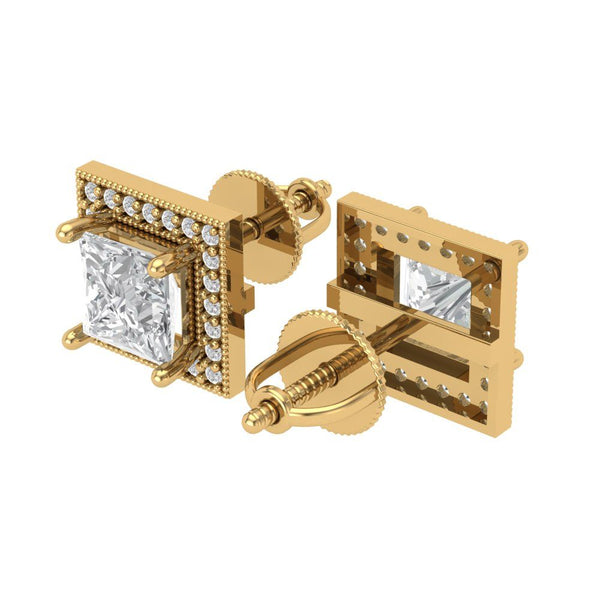 2.24 ct Brilliant Princess Cut Halo Studs Clear Simulated Diamond Stone Yellow Gold Earrings Screw back