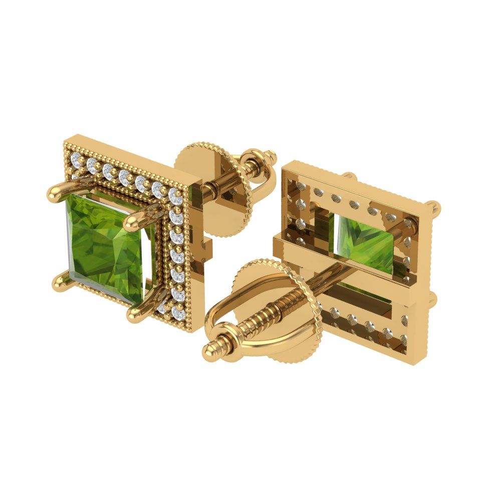 2.24 ctw Peridot Studs Earrings | 5.5mm Princess Cut White Gold Screw back | August Birthstone