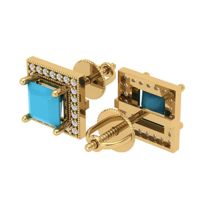 2.24 ctw Turquoise Studs Earrings | 5.5mm Princess Cut White Gold Screw back | December Birthstone