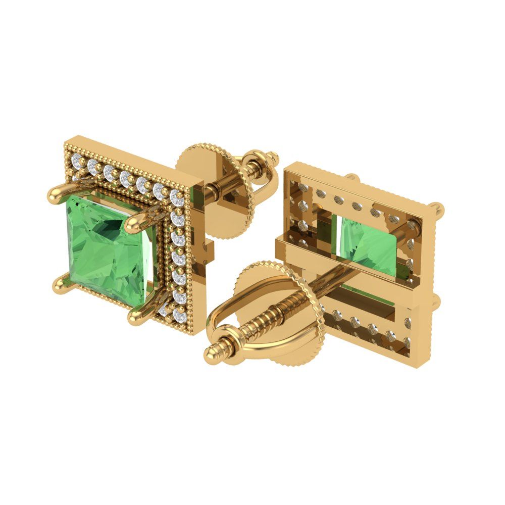 2.24 ctw Green Zirconia Studs Earrings | 5.5mm Princess Cut White Gold Screw back | April Birthstone