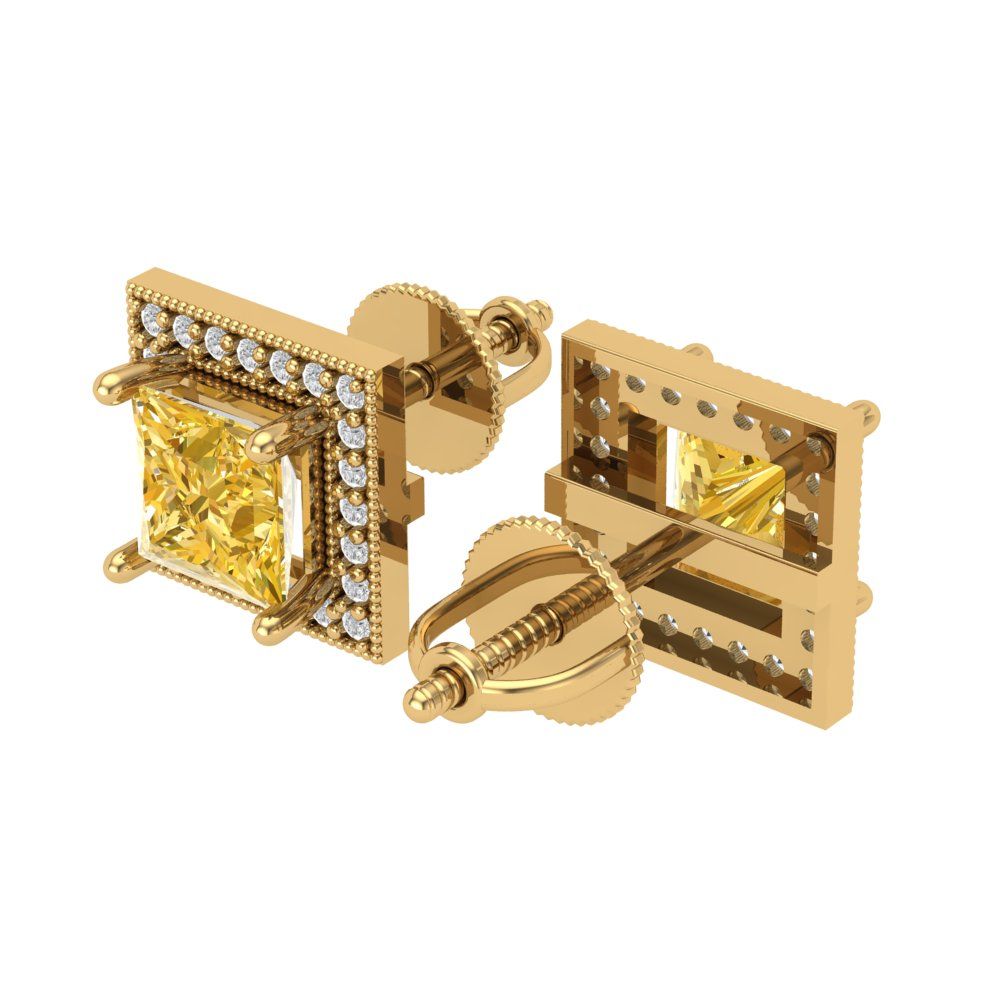 2.24 ctw Yellow Zirconia Studs Earrings | 5.5mm Princess Cut White Gold Screw back | April Birthstone