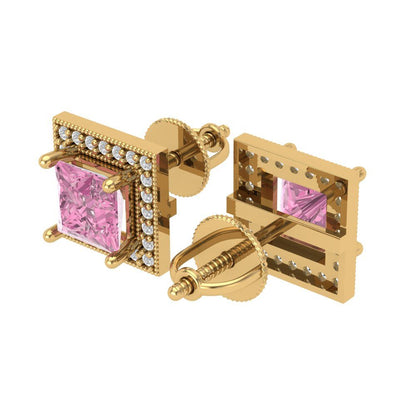 2.24 ctw Pink Zirconia Studs Earrings | 5.5mm Princess Cut White Gold Screw back | April Birthstone