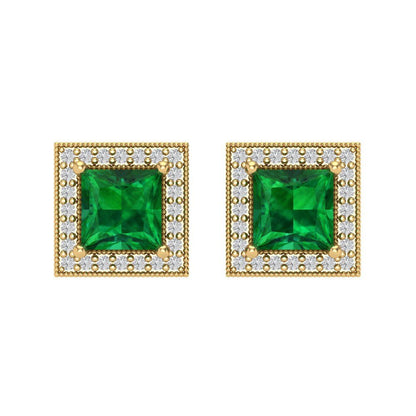 2.24 ctw Emerald Studs Earrings | 5.5mm Princess Cut White Gold Screw back | May Birthstone