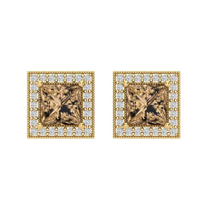 2.24 ctw Champagne Studs Earrings | 5.5mm Princess Cut White Gold Screw back | April Birthstone