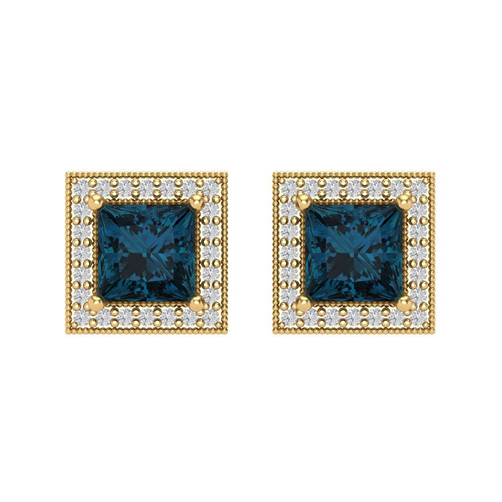 2.24 ctw London Blue Topaz Studs Earrings | 5.5mm Princess Cut White Gold Screw back | December Birthstone