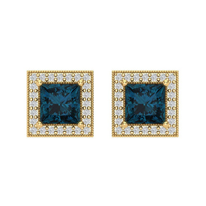 2.24 ctw London Blue Topaz Studs Earrings | 5.5mm Princess Cut White Gold Screw back | December Birthstone
