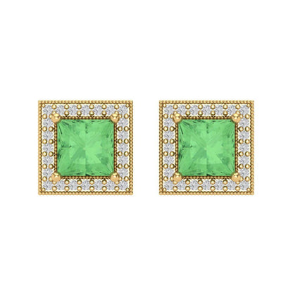 2.24 ctw Green Zirconia Studs Earrings | 5.5mm Princess Cut White Gold Screw back | April Birthstone