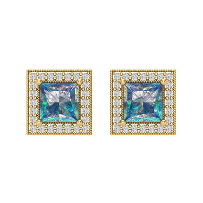 2.24 ctw Blue Moissanite Studs Earrings | 5.5mm Princess Cut White Gold Screw back | April Birthstone