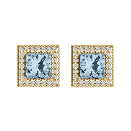 2.24 ctw Aquamarine Studs Earrings | 5.5mm Princess Cut White Gold Screw back | March Birthstone