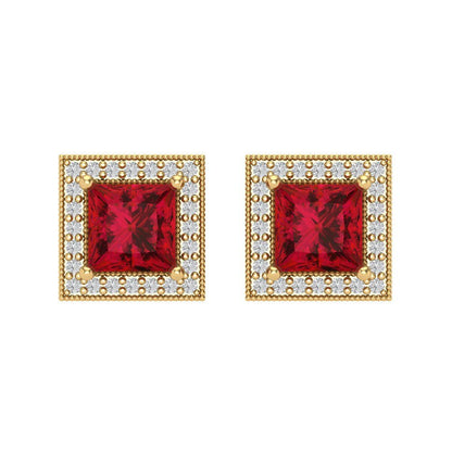 2.24 ctw Ruby Studs Earrings | 5.5mm Princess Cut White Gold Screw back | July Birthstone