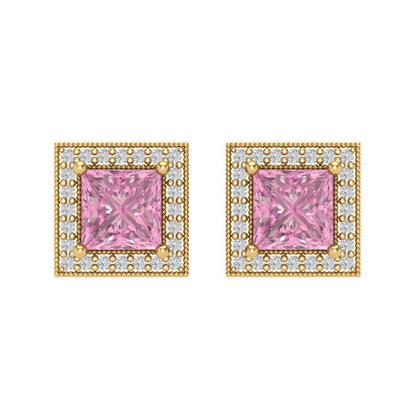 2.24 ctw Pink Zirconia Studs Earrings | 5.5mm Princess Cut White Gold Screw back | April Birthstone
