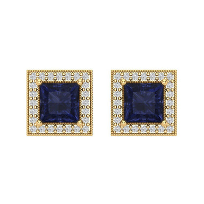 2.24 ctw Blue Sapphire Studs Earrings | 5.5mm Princess Cut White Gold Screw back | September Birthstone
