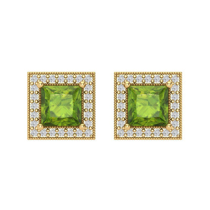 2.24 ctw Peridot Studs Earrings | 5.5mm Princess Cut White Gold Screw back | August Birthstone