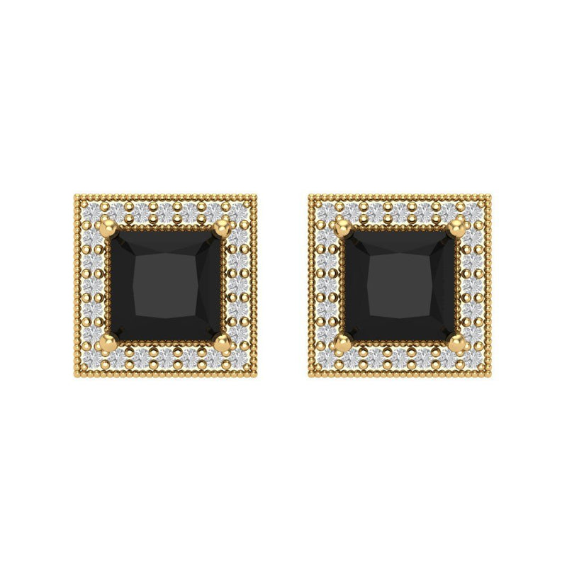 2.24 ct Brilliant Princess Cut Halo Studs Natural Onyx Stone Yellow Gold Earrings Screw back