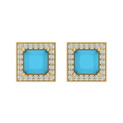 2.24 ctw Turquoise Studs Earrings | 5.5mm Princess Cut White Gold Screw back | December Birthstone