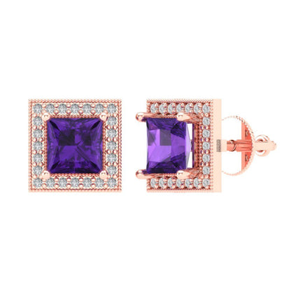 2.24 ctw Amethyst Studs Earrings | 5.5mm Princess Cut White Gold Screw back | February Birthstone