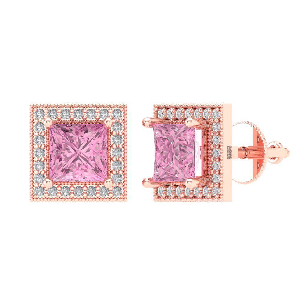 2.24 ctw Pink Zirconia Studs Earrings | 5.5mm Princess Cut White Gold Screw back | April Birthstone