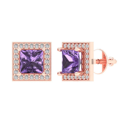 2.24 ctw Alexandrite Studs Earrings | 5.5mm Princess Cut White Gold Screw back | June Birthstone
