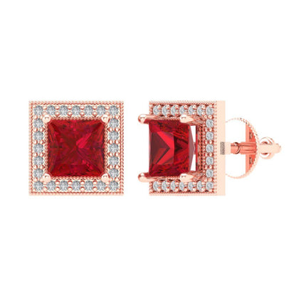 2.24 ctw Ruby Studs Earrings | 5.5mm Princess Cut White Gold Screw back | July Birthstone