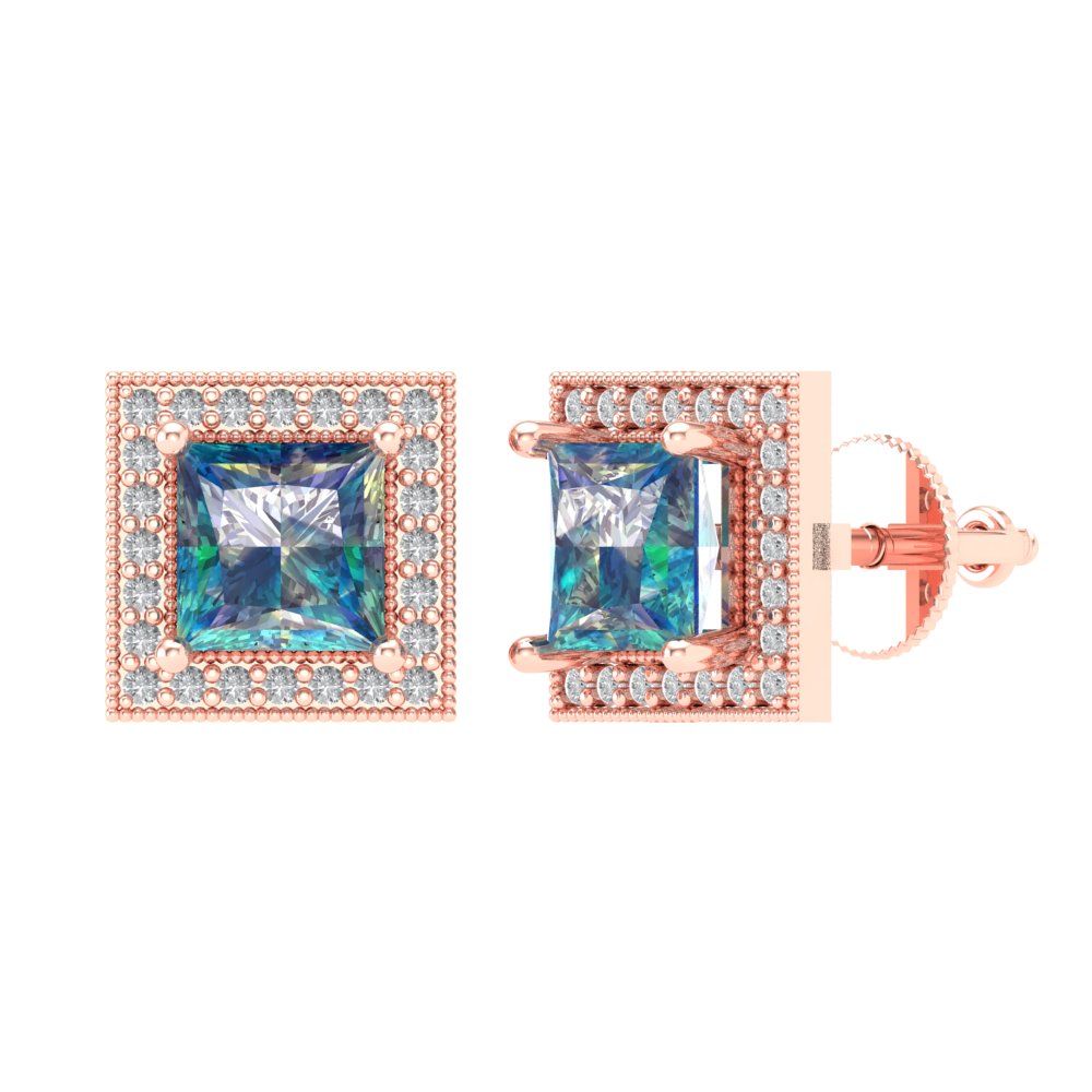 2.24 ctw Blue Moissanite Studs Earrings | 5.5mm Princess Cut White Gold Screw back | April Birthstone