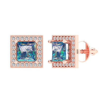 2.24 ctw Blue Moissanite Studs Earrings | 5.5mm Princess Cut White Gold Screw back | April Birthstone