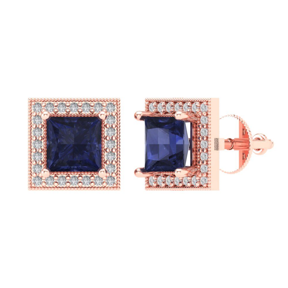2.24 ctw Blue Sapphire Studs Earrings | 5.5mm Princess Cut White Gold Screw back | September Birthstone