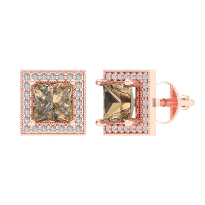 2.24 ctw Champagne Studs Earrings | 5.5mm Princess Cut White Gold Screw back | April Birthstone