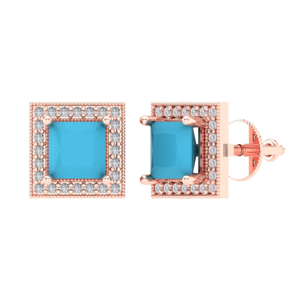 2.24 ctw Turquoise Studs Earrings | 5.5mm Princess Cut White Gold Screw back | December Birthstone