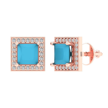 2.24 ctw Turquoise Studs Earrings | 5.5mm Princess Cut White Gold Screw back | December Birthstone