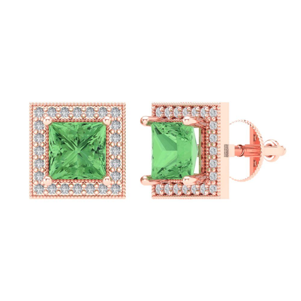 2.24 ctw Green Zirconia Studs Earrings | 5.5mm Princess Cut White Gold Screw back | April Birthstone