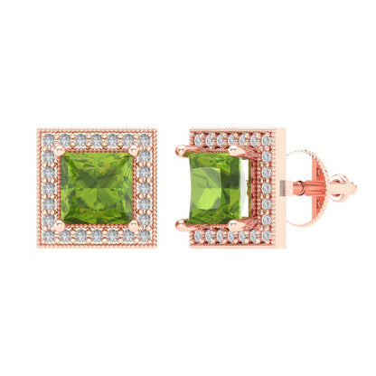 2.24 ctw Peridot Studs Earrings | 5.5mm Princess Cut White Gold Screw back | August Birthstone