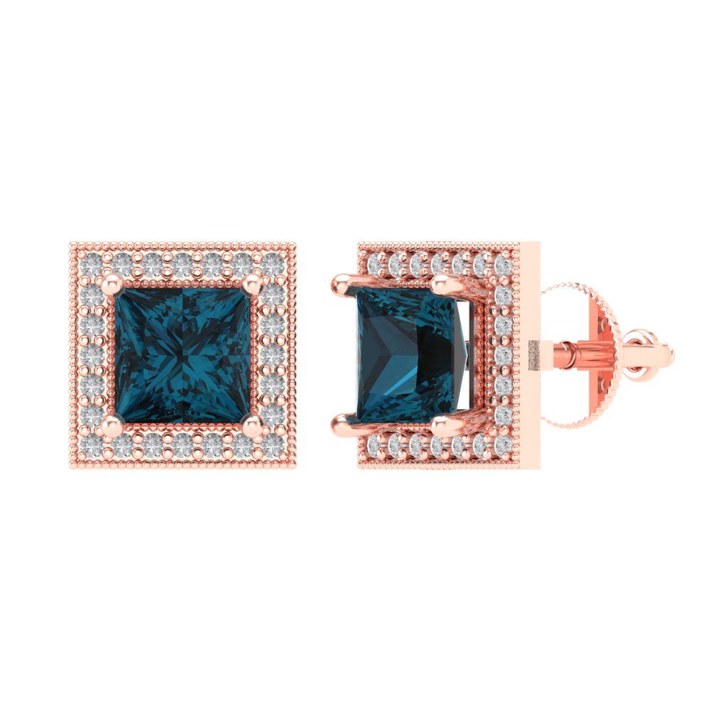 2.24 ctw London Blue Topaz Studs Earrings | 5.5mm Princess Cut White Gold Screw back | December Birthstone