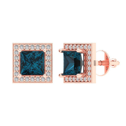 2.24 ctw London Blue Topaz Studs Earrings | 5.5mm Princess Cut White Gold Screw back | December Birthstone