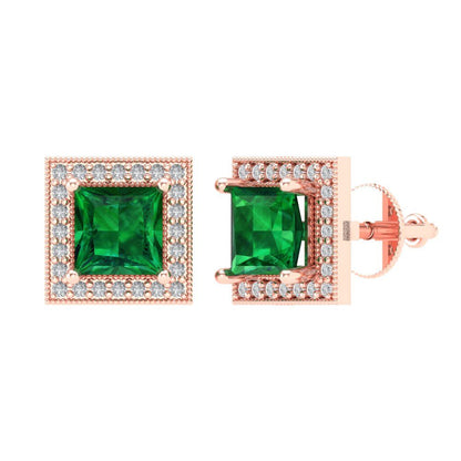2.24 ctw Emerald Studs Earrings | 5.5mm Princess Cut White Gold Screw back | May Birthstone