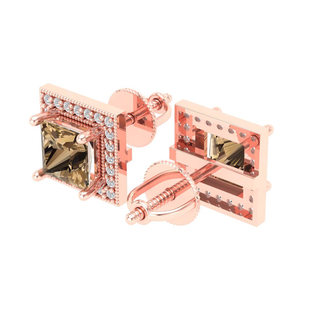 2.24 ctw Champagne Studs Earrings | 5.5mm Princess Cut White Gold Screw back | April Birthstone