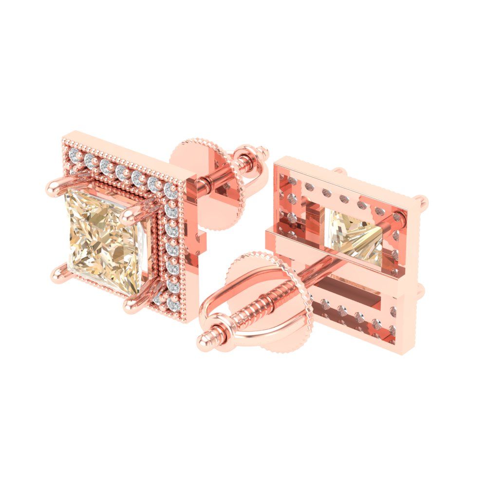 2.24 ctw Morganite Studs Earrings | 5.5mm Princess Cut White Gold Screw back | February Birthstone